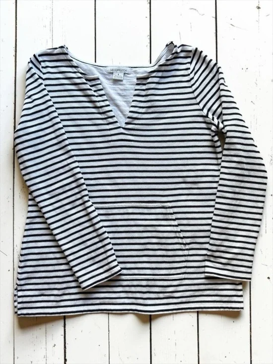 Liz Claiborne Black White Striped Knit Tunic Top Small V Neck Pullover Pocket - Picture 8 of 8